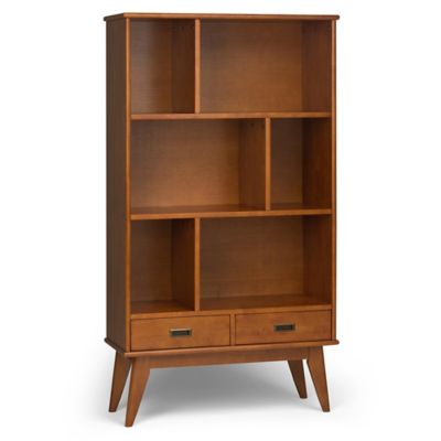 Simpli Home Draper Solid Hardwood Mid Century Wide Bookcase and Storage Unit in Teak Brown