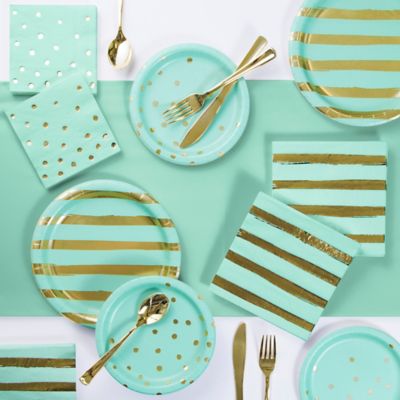 Foil Dots, Stripes and Solid 73-Piece Party Supply Kit in Mint Green/Gold