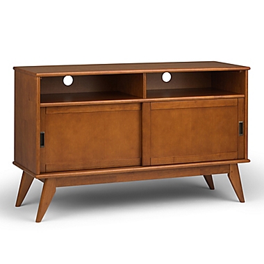 Simpli Home Draper Solid Hardwood Mid Century Tall TV Media Stand in Teak Brown. View a larger version of this product image.