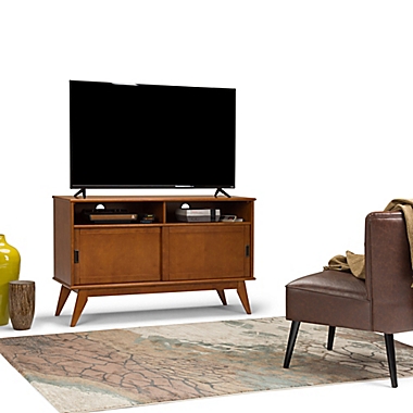 Simpli Home Draper Solid Hardwood Mid Century Tall TV Media Stand in Teak Brown. View a larger version of this product image.