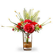 National Tree Company 12-Inch Artifical Rose and Fern Arrangement in Red with Glass Vase