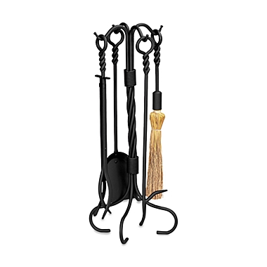 UniFlame&reg; 5-Piece Black Wrought Iron Fire Set with Ring/Twist Handles. View a larger version of this product image.