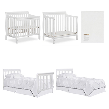 White Dream On Me 4 in 1 Aden Convertible Mini Crib with Dream On Me 3 Portable Crib Mattress 
