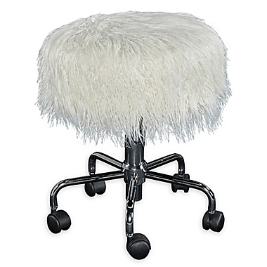 Ollie Faux Fur Rolling Swivel Stool in White. View a larger version of this product image.