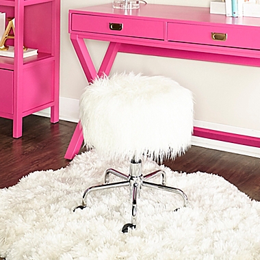 Ollie Faux Fur Rolling Swivel Stool in White. View a larger version of this product image.