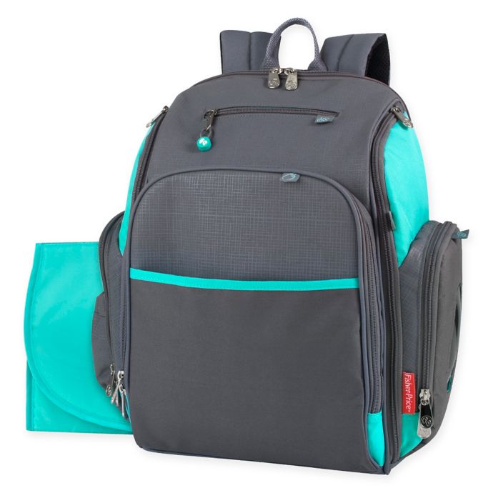 Fisher Price® Kaden Super Cooler Backpack Diaper Bag in Grey/Aqua | buybuy BABY