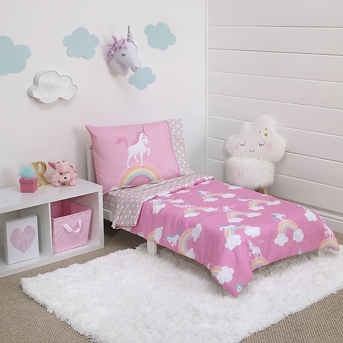 Unicorns 4 Piece Toddler Bedding Set, Little Girl Twin Bedding Pink