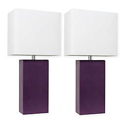 Elegant Designs Modern Leather Table Lamps in Eggplant with Fabric Shades (Set of 2)