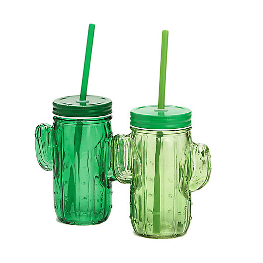 Alternate image 1 for Cactus Mason Jar Glasses with Straws in Green (Set of 2)