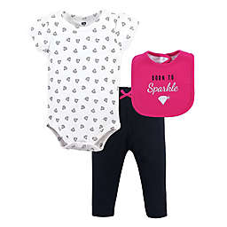 Hudson Baby® 3-Piece Sparkle Bib, Bodysuit and Pant Set in Pink