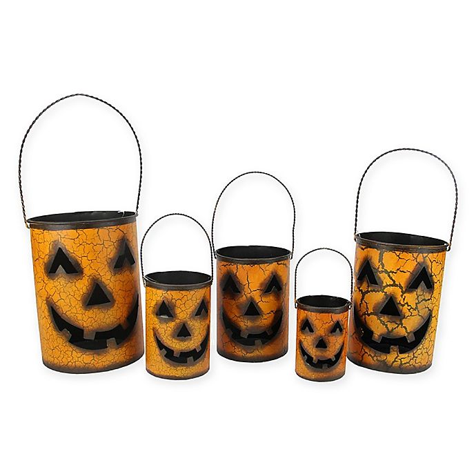 Pumpkin Jack-O-Lantern Metal Candle Holders Nested Luminaries Set of 5
