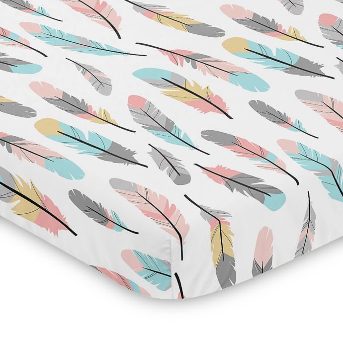 Sweet Jojo Designs Coral And Turquoise Feather Mini Crib Sheet