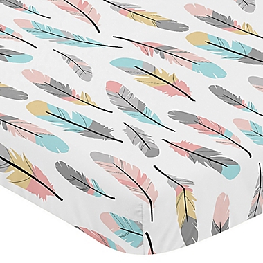Sweet Jojo Designs&reg; Coral and Turquoise Feather Mini Crib Sheet. View a larger version of this product image.