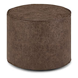 Simpli Home Kearney Faux Leather Round Pouf in Distressed Brown
