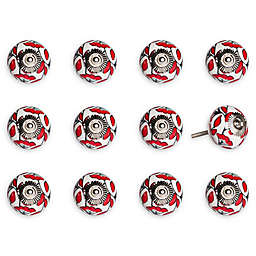 Taj Hotel Hand-Painted Ceramic 12-Piece Floral Knob Set in White/Red
