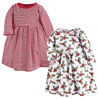 Hudson Baby&reg; Size 3T 2-Pack Holly and Stripes Long Sleeve Dresses in Red. View a larger version of this product image.