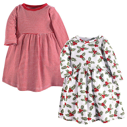 Alternate image 1 for Hudson Baby® Size 3T 2-Pack Holly and Stripes Long Sleeve Dresses in Red
