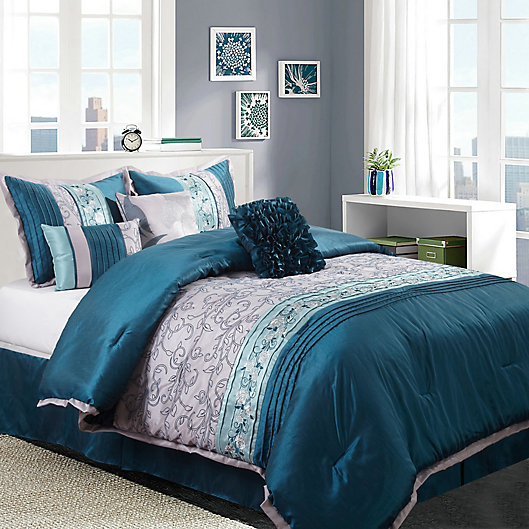 7-Piece Aqua with Black Flocking Floral Comforter Set Bed-in-a-Bag King 