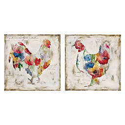 Flowered Hen and Rooster 12-Inch Square Canvas Wall Art (Set of 2)
