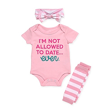 Baby Starters&reg; Size 3M 3-Piece &quot;Not Allowed to Date&quot; Bodysuit, Leg Warmer, and Headband Set. View a larger version of this product image.