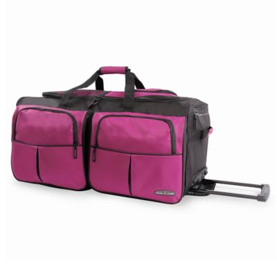 pink duffle bag with wheels