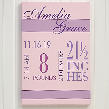 Personalized Baby&#39;s Big Day 16-Inch x 24-Inch Canvas For Girls. View a larger version of this product image.