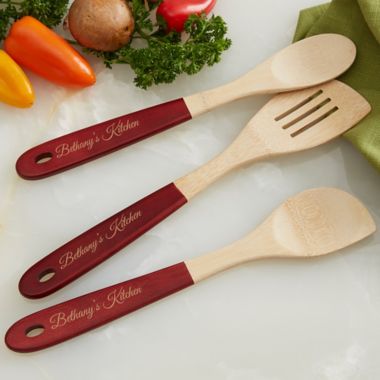 Personalized Red-Handled Bamboo Cooking Utensils. View a larger version of this product image.