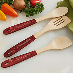 Personalized Lovebirds Red-Handled Bamboo Cooking Utensils