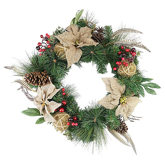 Alternate image 1 for 24-Inch Burlap Poinsettia, Mossball, Pine, and Berry Wreath