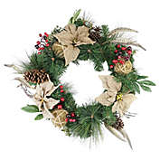24-Inch Burlap Poinsettia, Mossball, Pine, and Berry Wreath