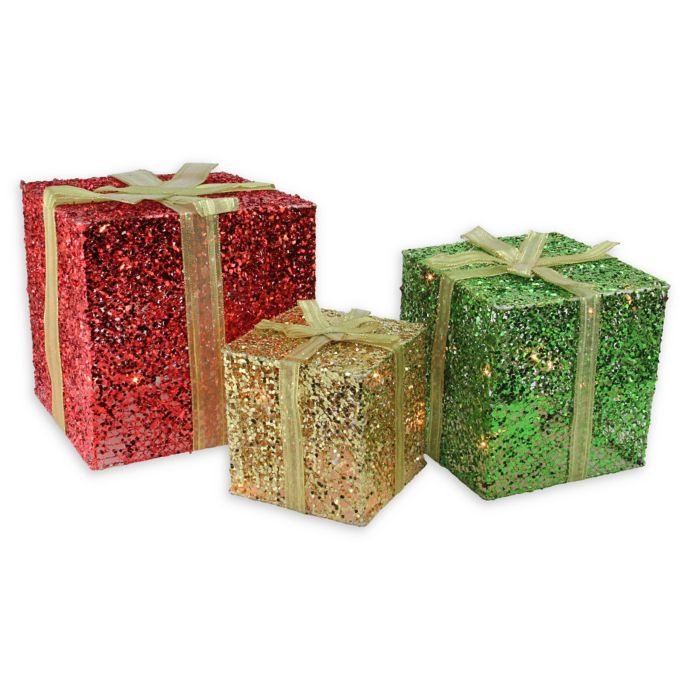3-Piece Glittering Christmas Gift Box Outdoor Decoration Set | Bed Bath ...
