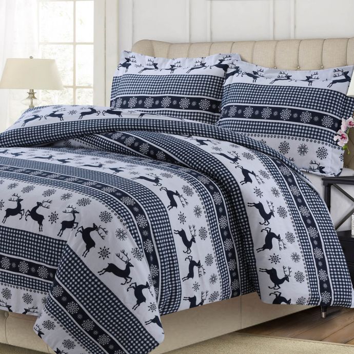 Tribeca Living Gingham Deer 100 Flannel 3 Piece Duvet Cover Set