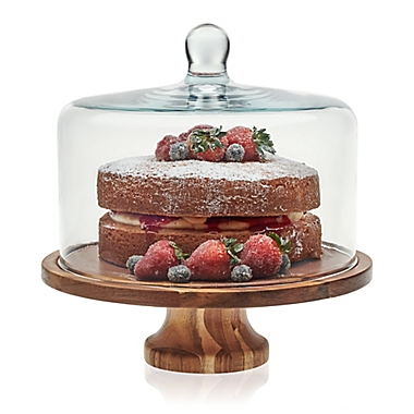 Libbey&reg; Glass Acacia Wood Cake Stand with Dome. View a larger version of this product image.