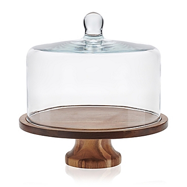 Libbey&reg; Glass Acacia Wood Cake Stand with Dome. View a larger version of this product image.