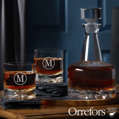 Orrefors 3-Piece Engraved Whiskey Decanter Set