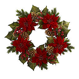 Nearly Natural 24-Inch Poinsettia, Berries and Golden Pine Cone Wreath
