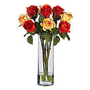Nearly Natural 16-Inch Assorted Roses Artificial Arrangement in Red/Yellow with Glass Vase