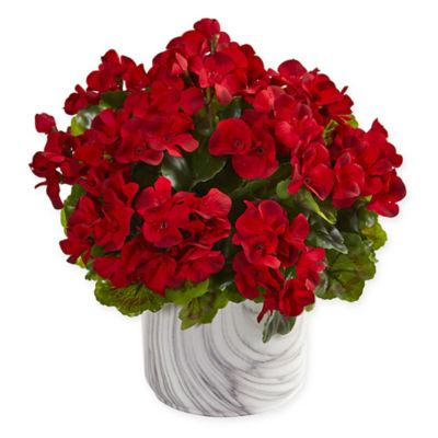 Nearly Natural 13-Inch Red Geranium Plant in Marble-Finished Vase image