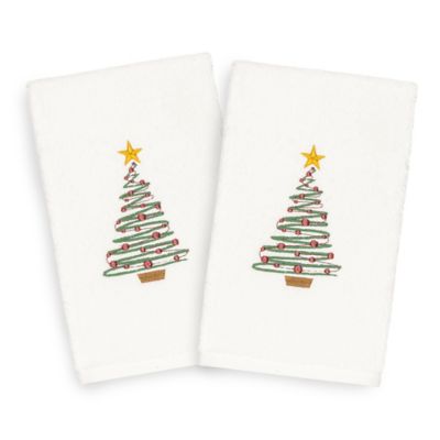 SET OF 2 WINTER DREAMS CHRISTMAS TREE EMBROIDER WHITE,SILVER FINGER TIP TOWELS 