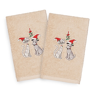 Linum Home Christmas Cute Couple 2-Piece Hand Towel Set in Sand. View a larger version of this product image.