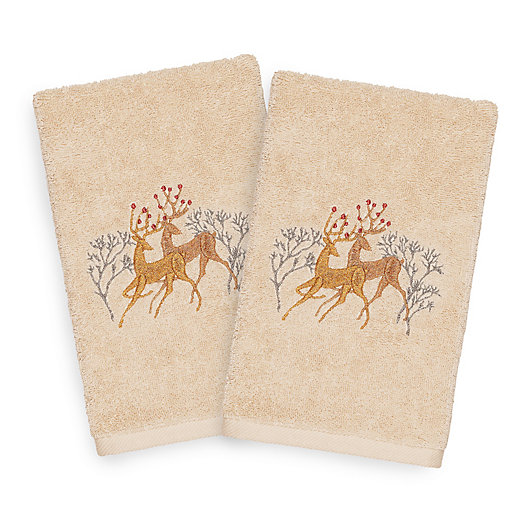 Alternate image 1 for Linum Home Textiles Christmas Deer Pair 2-Piece Hand Towel Set in Sand