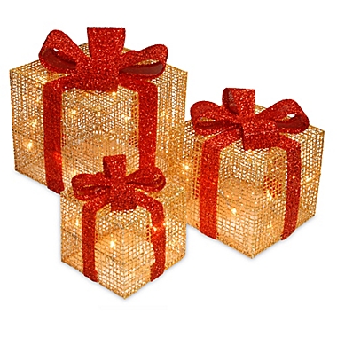 National Tree Company 3-Piece Pre-Lit LED Gift Box Set in Gold. View a larger version of this product image.