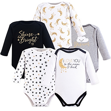 Yoga Sprout Size 0-3M 5-Pack Metallic Moon Long Sleeve Bodysuits in White. View a larger version of this product image.