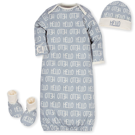 Alternate image 1 for Gerber® 3-Piece Hello Organic Cotton Gown, Cap, and Bootie Set in Grey/Ivory