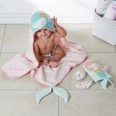 Enchanted Mermaid Embroidered 4-Piece Baby Bath Set in Pink