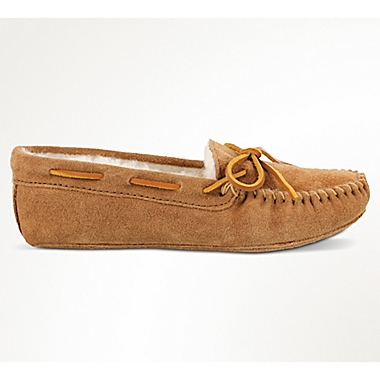 Minnetonka&reg; Sheepskin Women&#39;s Softsole Moccasin Slipper in Golden Tan. View a larger version of this product image.