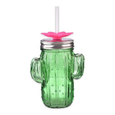 Durable Glass Mason Jar Sipper with Straw, Green Cactus 