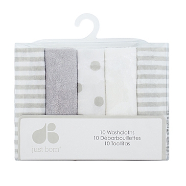 Just Born&reg; Pom Pom 10-Pack Terry Washcloths in Grey/White. View a larger version of this product image.