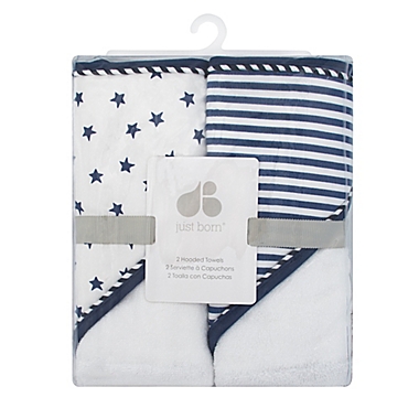 Just Born&reg; Pom Pom 2-Pack Hooded Towels in Navy/White. View a larger version of this product image.