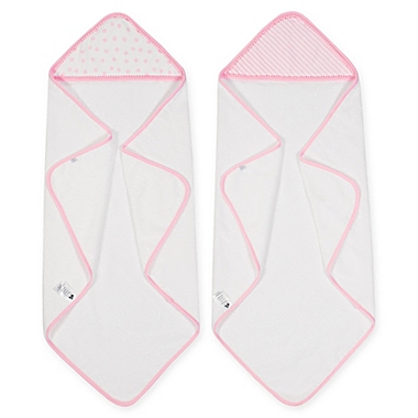 Just Born&reg; Pom Pom 2-Pack Hooded Towels in Pink/White. View a larger version of this product image.